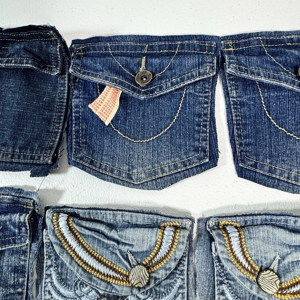 7 Denim Jean Flap Back Pockets Embroidered Quilting Sewing Crafts Upcycle